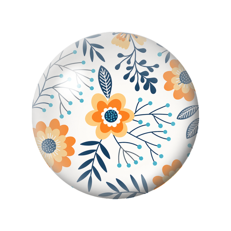 Cabochon en Verre Illustré Fleurs Orange et Feuillage Bleu Marine 12 à 25mm