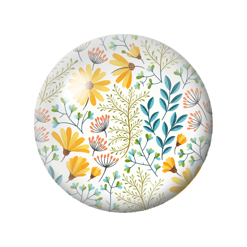 Cabochon en Verre Illustré Fleurs Jaunes et Feuillage Multicolore 12 à 25mm