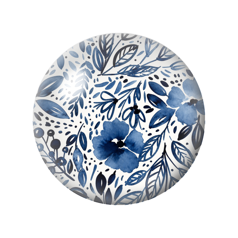 Cabochon en Verre Illustré Fleurs et Feuillage Bleu Indigo 12 à 25mm
