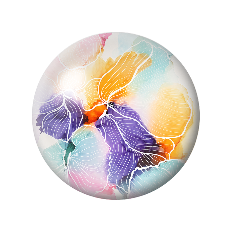 Cabochon en Verre Illustré Pétales Abstraits Orange Violet et Turquoise 12 à 25mm