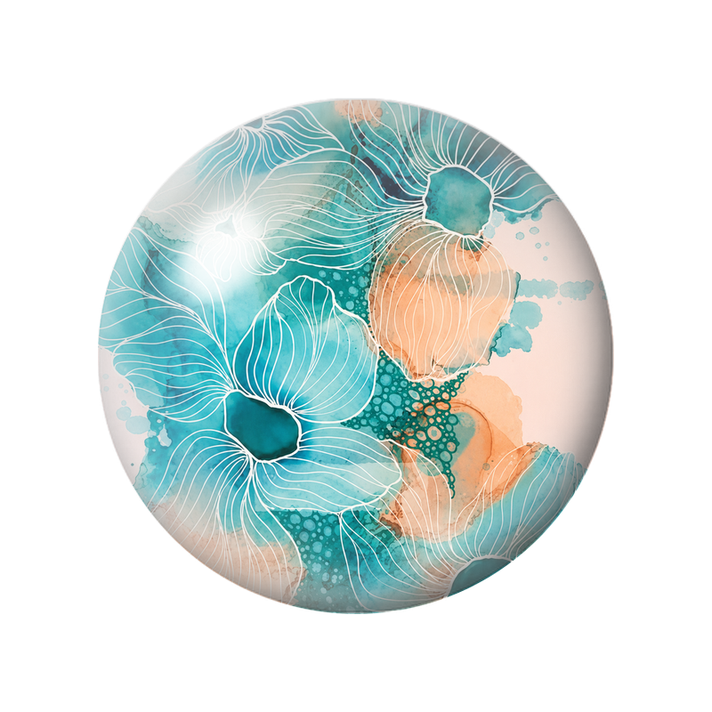 Cabochon en Verre Illustré Fleurs Turquoise et Corail aux Lignes Blanches 12 à 25mm