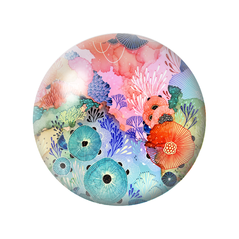 Cabochon en Verre Illustré Jardin Abstrait Corail Turquoise et Bleu 12 à 25mm