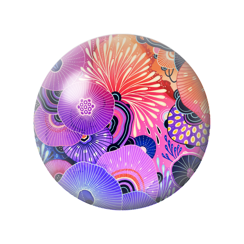 Cabochon en Verre Illustré Fleurs Abstraites Violettes Orange et Fuchsia 12 à 25mm
