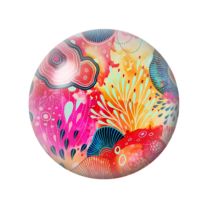 Cabochon en Verre Illustré Jardin Abstrait Fuchsia Orange et Turquoise 12 à 25mm