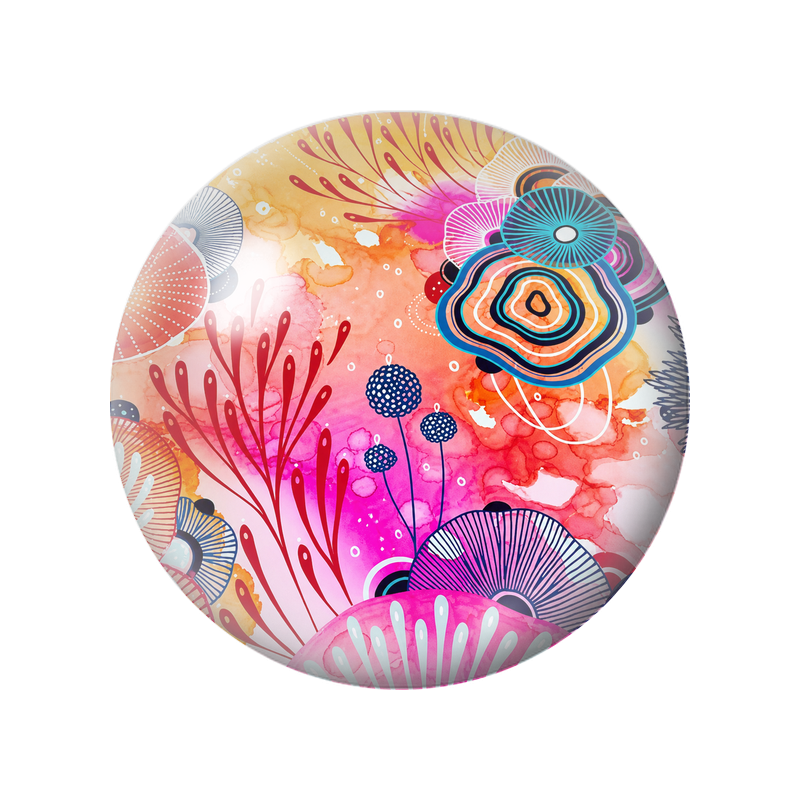 Cabochon en Verre Illustré Fleurs Graphiques Rose Corail et Bleu 12 à 25mm