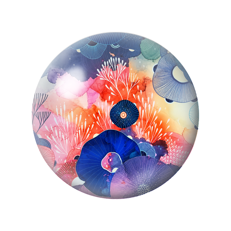 Cabochon en Verre Illustré Fleurs Abstraites Bleu Nuit et Corail 12 à 25mm