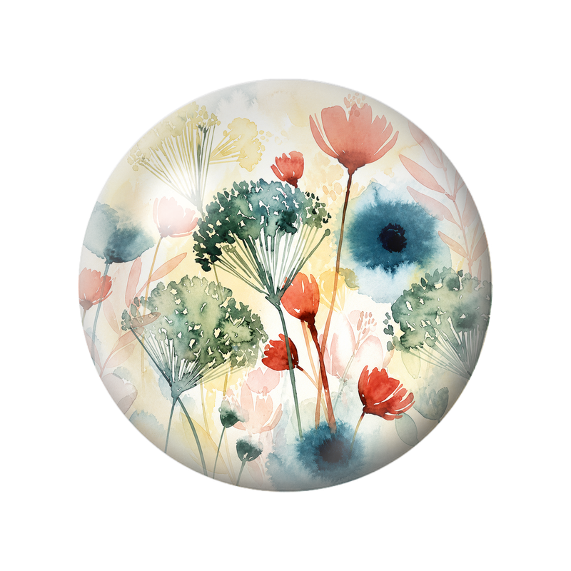Cabochon en Verre Illustré Fleurs Sauvages Corail et Bleu Pétrole 12 à 25mm