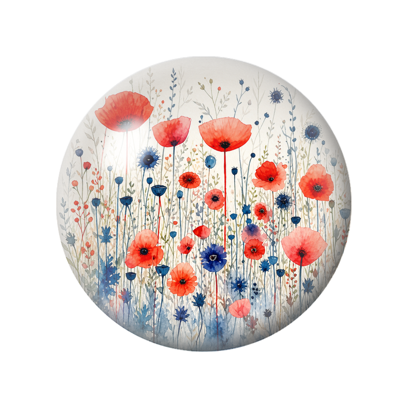 Cabochon en Verre Illustré Prairie de Coquelicots Rouges et Bleus 12 à 25mm
