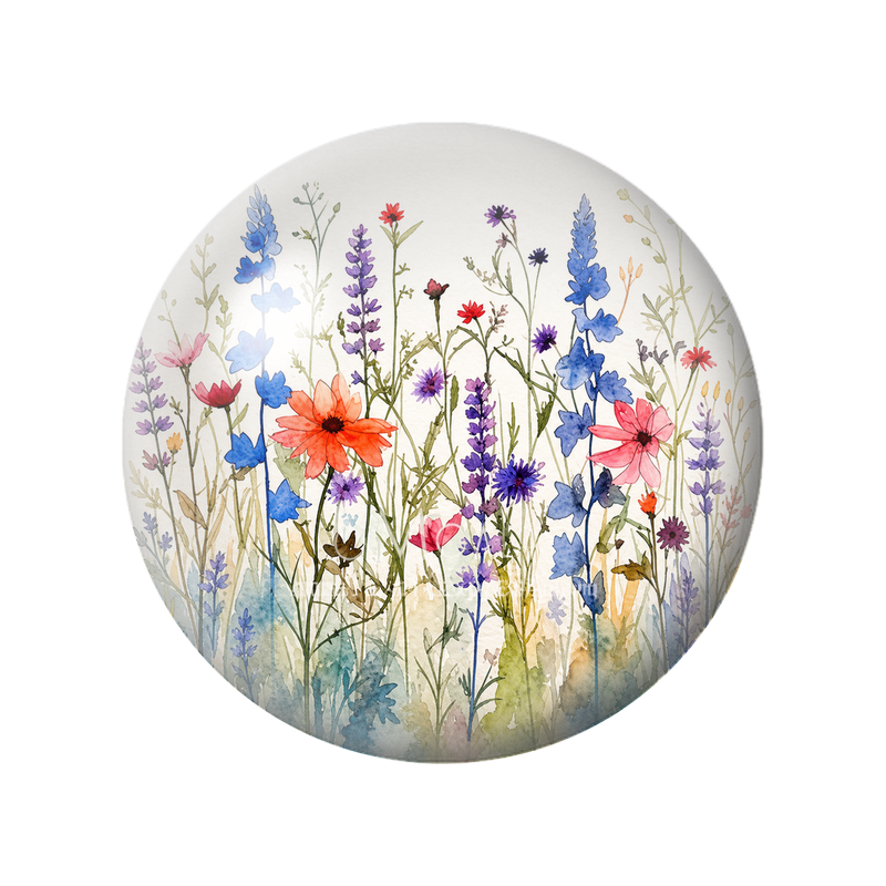 Cabochon en Verre Illustré Prairie de Fleurs Bleues Violettes et Corail 12 à 25mm