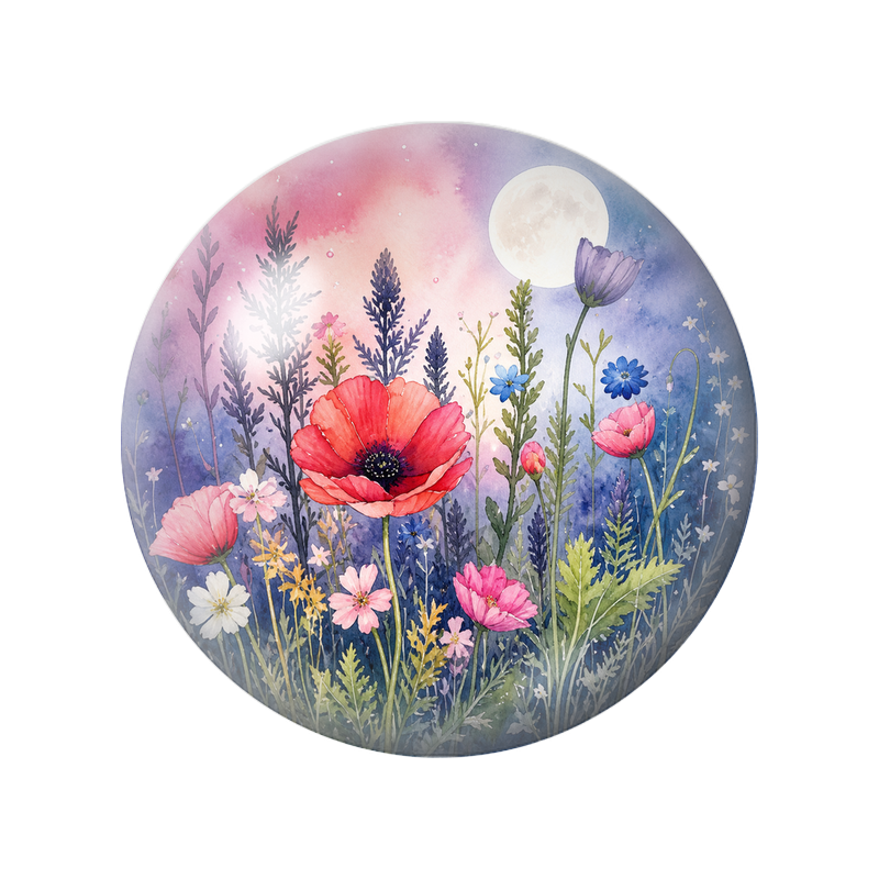 Cabochon en Verre Illustré Coquelicots au Clair de Lune 12 à 25mm