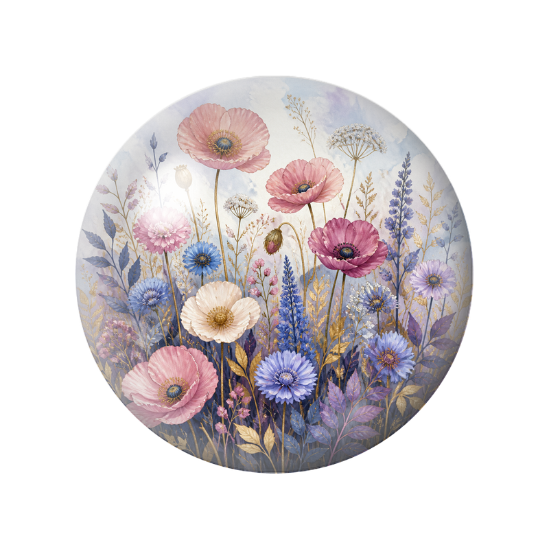 Cabochon en Verre Illustré Jardin Pastel Rose Bleu et Or 12 à 25mm