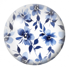 Cabochon en Verre Illustré Fleurs Bleues à l’Encre sur Fond Blanc 12 à 25mm pour la Création de Bijoux Fantaisie - DIY