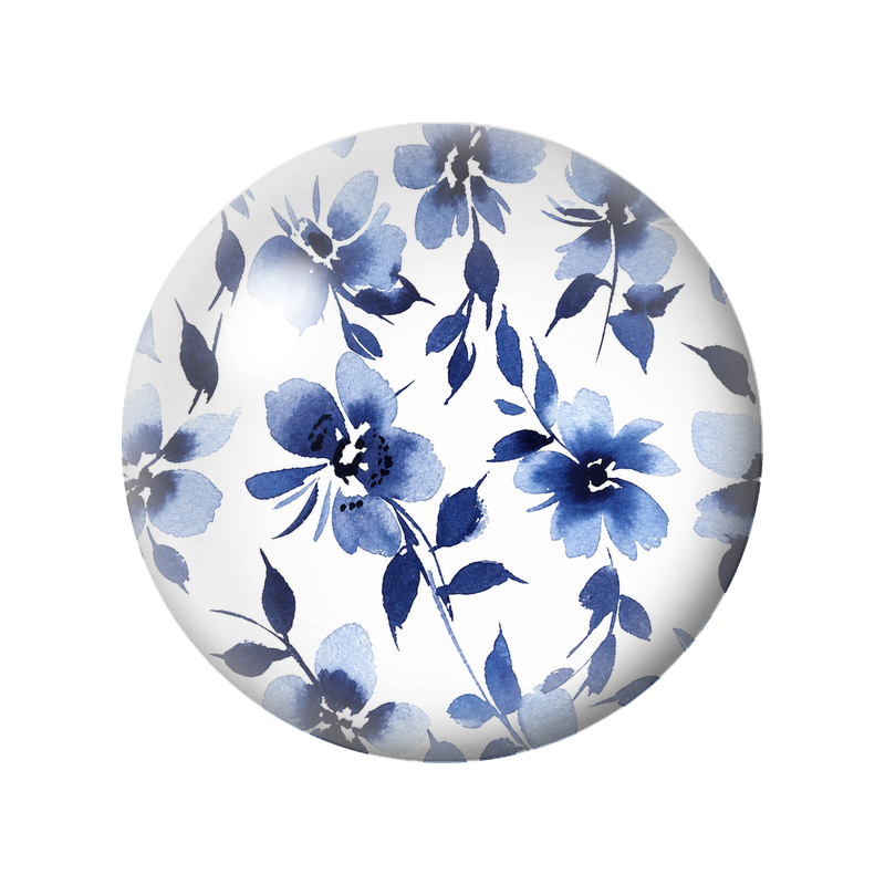 Cabochon en Verre Illustré Fleurs Bleues à l’Encre sur Fond Blanc 12 à 25mm