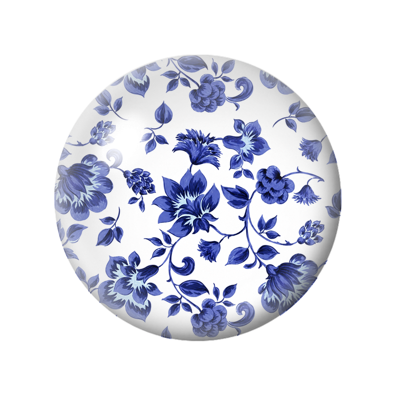 Cabochon en Verre Illustré Fleurs Bleues sur Porcelaine Blanche 12 à 25mm