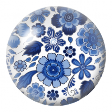 Cabochon en Verre Illustré Fleurs Bleues Graphiques sur Fond Blanc 12 à 25mm pour la Création de Bijoux Fantaisie - DIY