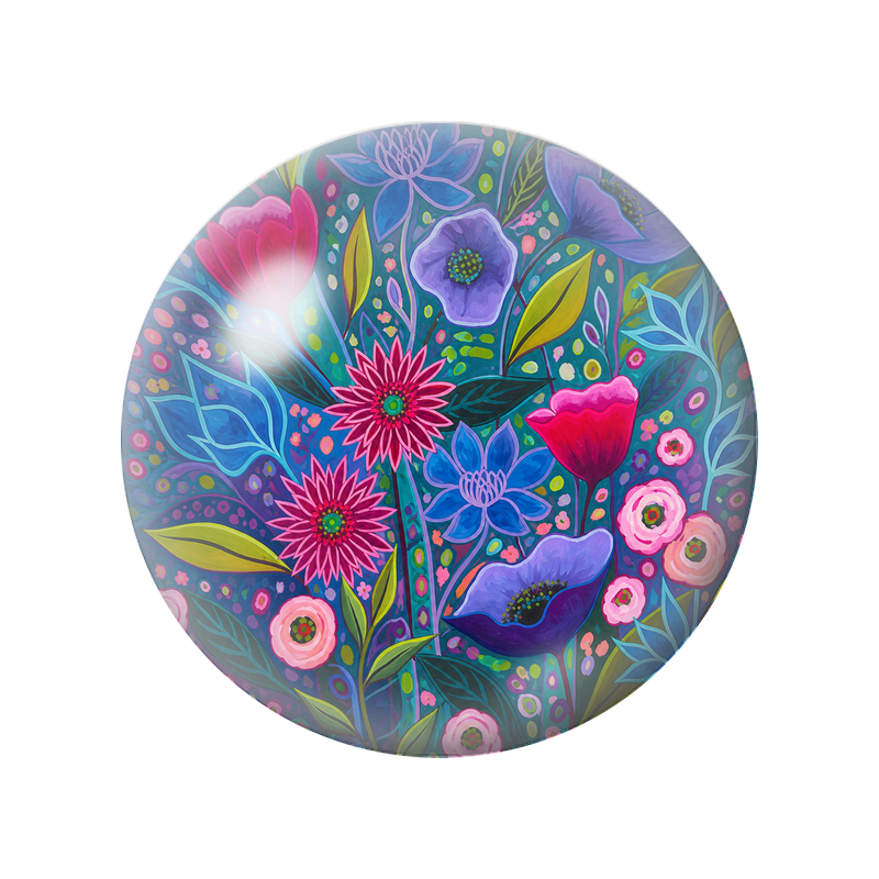 Cabochon en Verre Illustré Jardin Nocturne Fuchsia Bleu et Violet 12 à 25mm