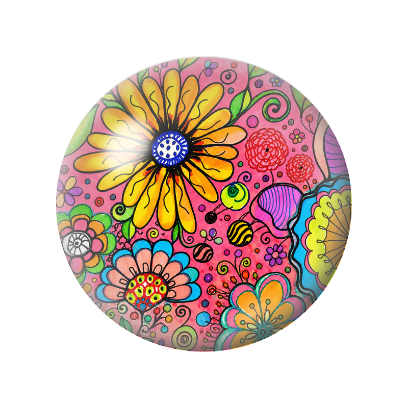 Cabochon en Verre Illustré Marguerites Pop Jaunes sur Fond Rose 12 à 25mm