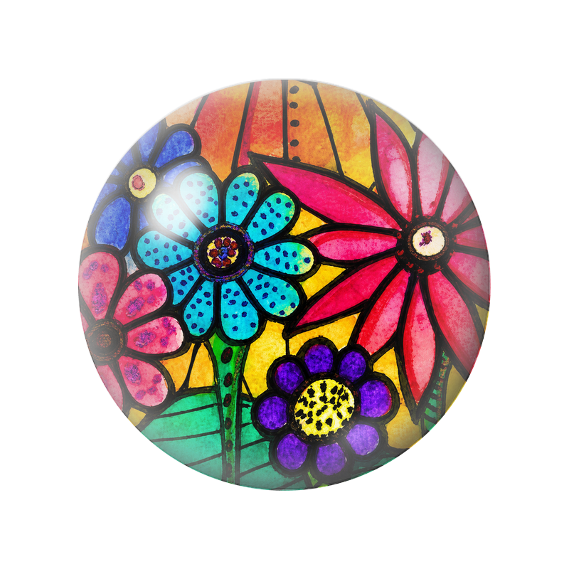 Cabochon en Verre Illustré Fleurs Vitrail Bleues Roses et Violettes 12 à 25mm