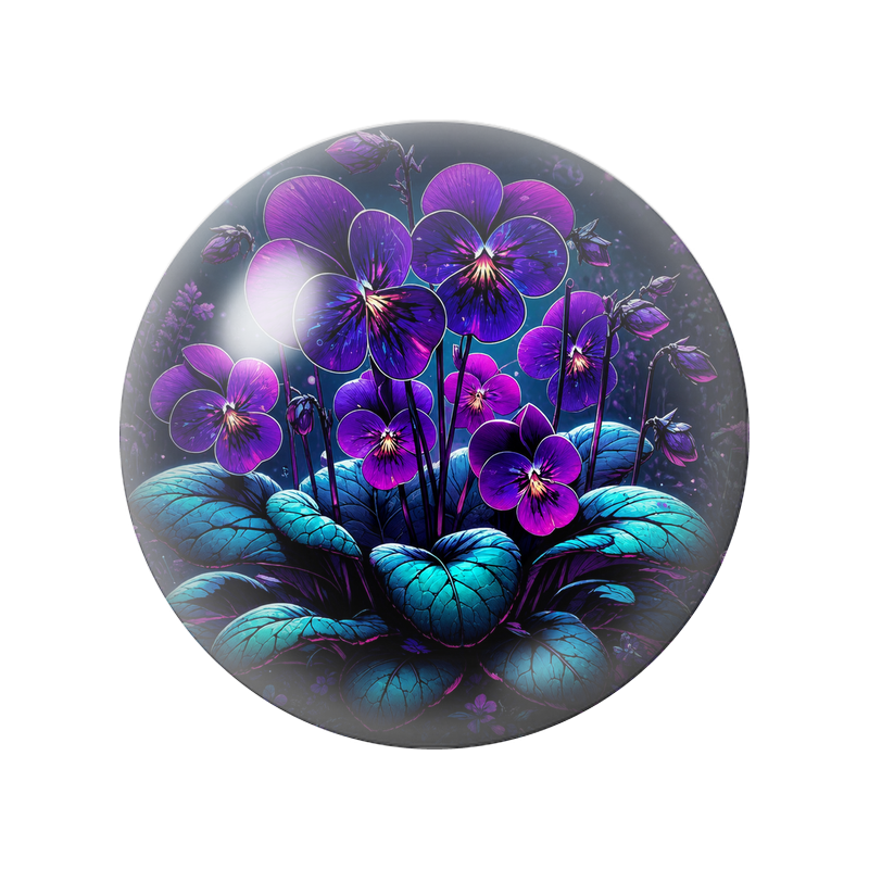 Cabochon en Verre Illustré Pensées Violettes au Feuillage Turquoise 12 à 25mm
