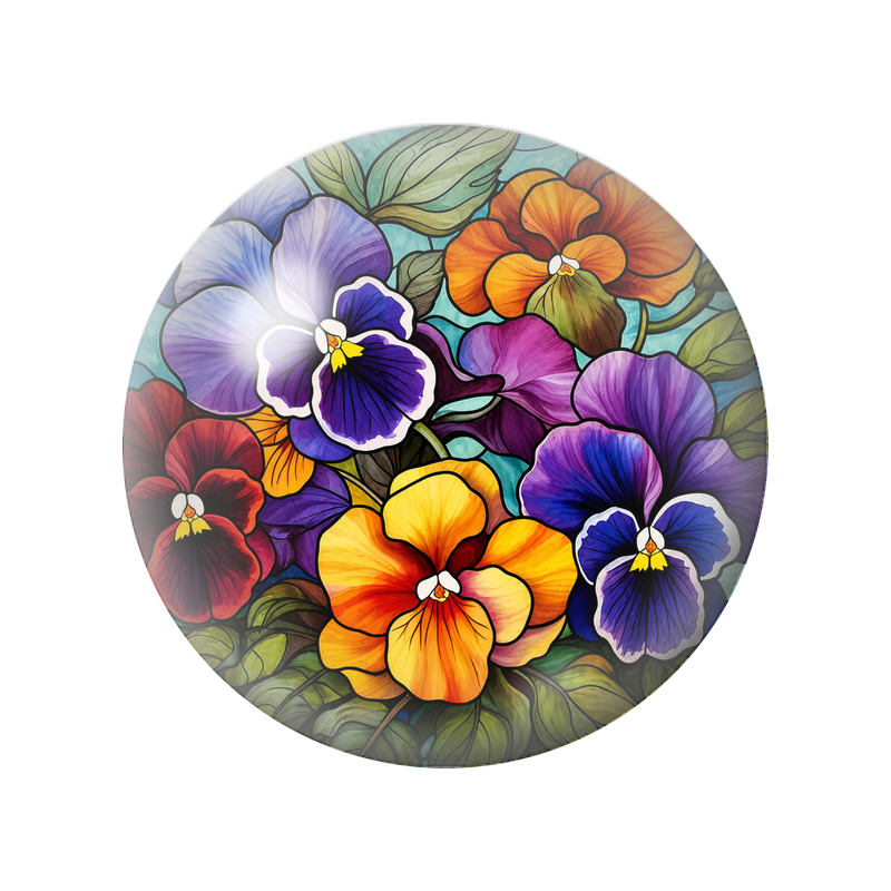 Cabochon en Verre Illustré Pensées Multicolores sur Fond Turquoise 12 à 25mm
