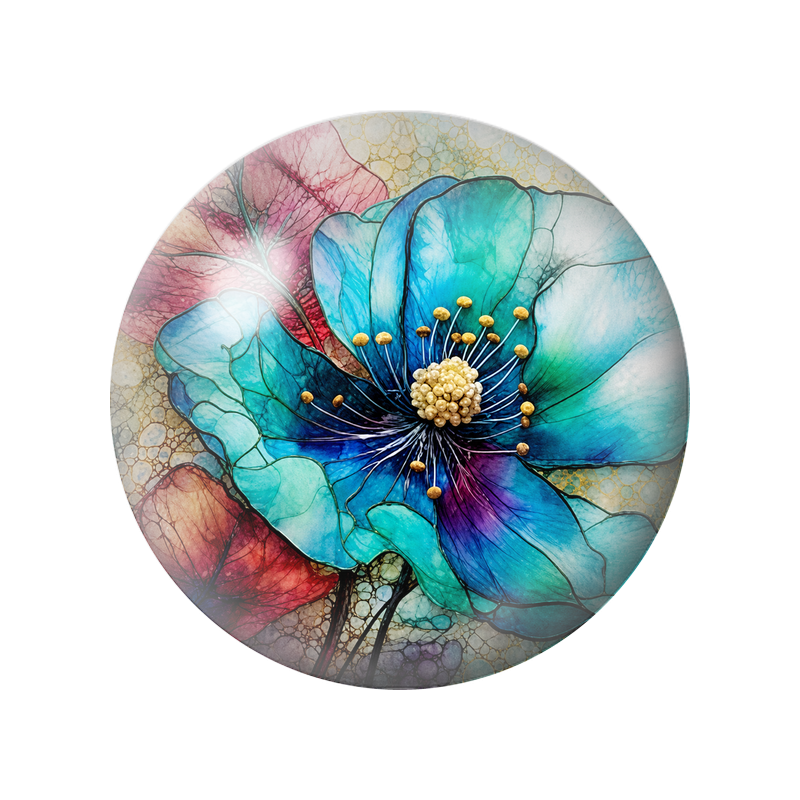 Cabochon en Verre Illustré Grande Fleur Turquoise au Cœur Doré 12 à 25mm