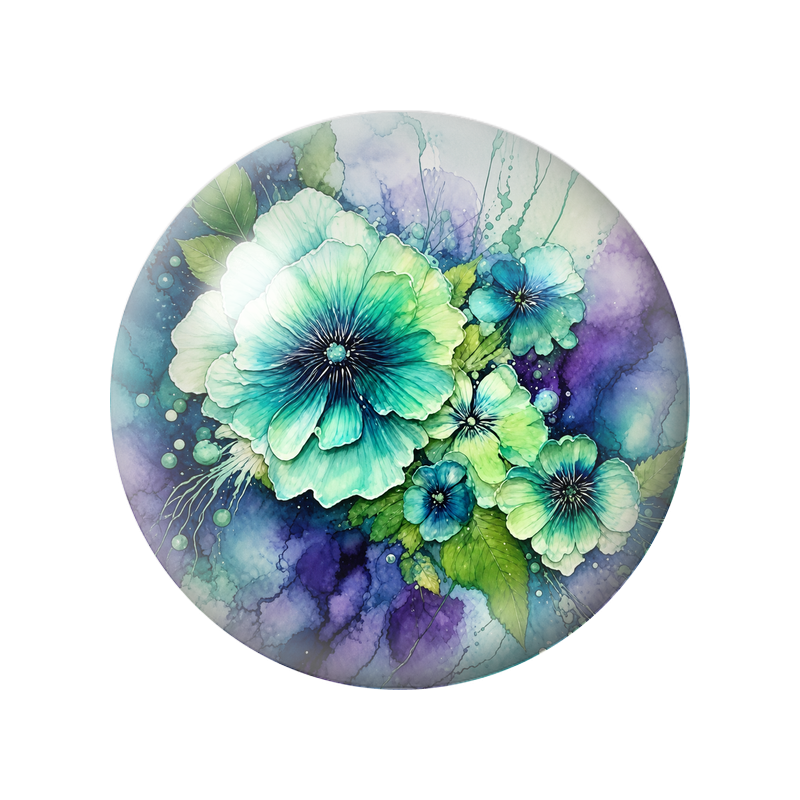 Cabochon en Verre Illustré Fleurs Turquoise sur Fond Violet 12 à 25mm