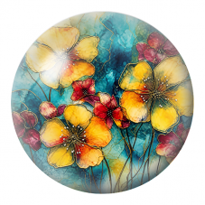 Cabochon en Verre Illustré Fleurs Jaunes et Rouges sur Fond Turquoise 12 à 25mm pour la Création de Bijoux Fantaisie - DIY