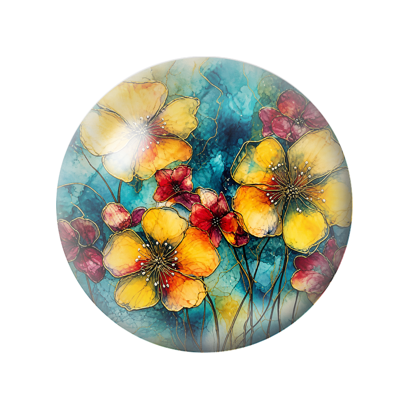 Cabochon en Verre Illustré Fleurs Jaunes et Rouges sur Fond Turquoise 12 à 25mm