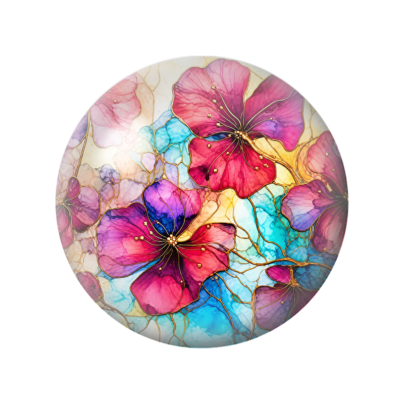 Cabochon en Verre Illustré Fleurs Fuchsia sur Fond Turquoise et Or 12 à 25mm