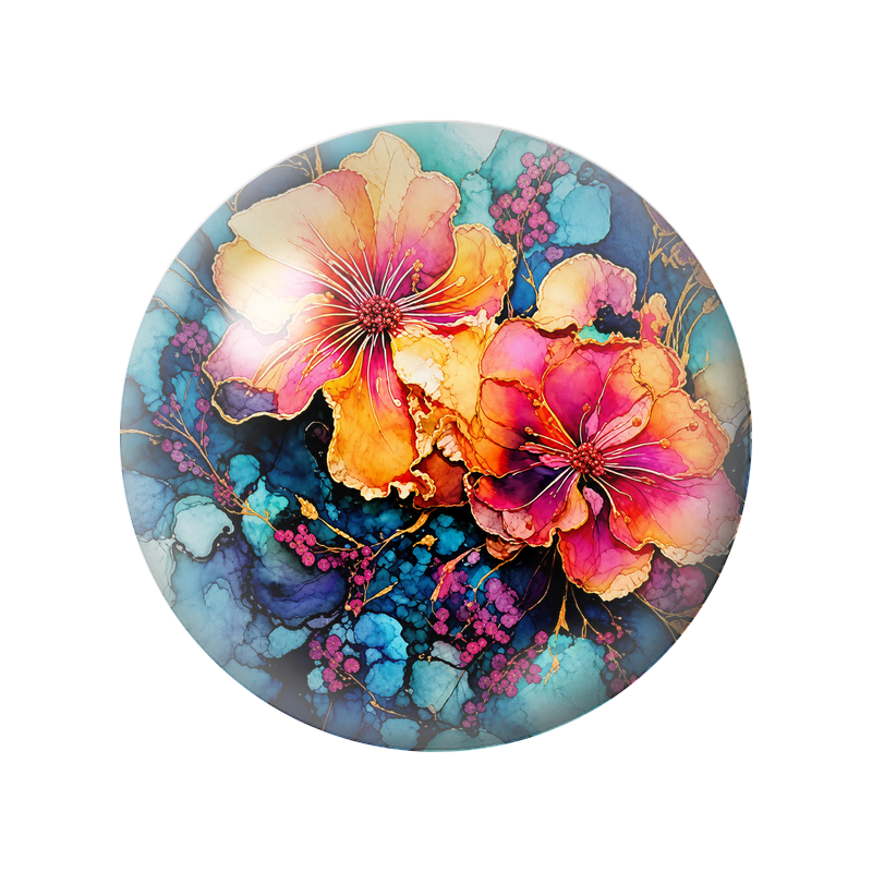 Cabochon en Verre Illustré Fleurs Corail et Fuchsia Bordées d’Or 12 à 25mm