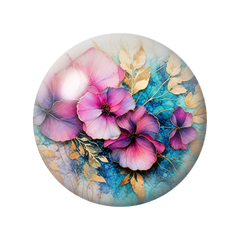 Cabochon en Verre Illustré Fleurs Roses et Violettes au Feuillage Doré 12 à 25mm