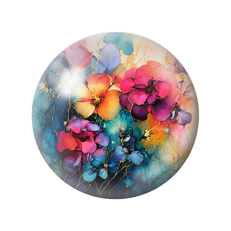 Cabochon en Verre Illustré Fleurs Multicolores aux Nervures Dorées 12 à 25mm