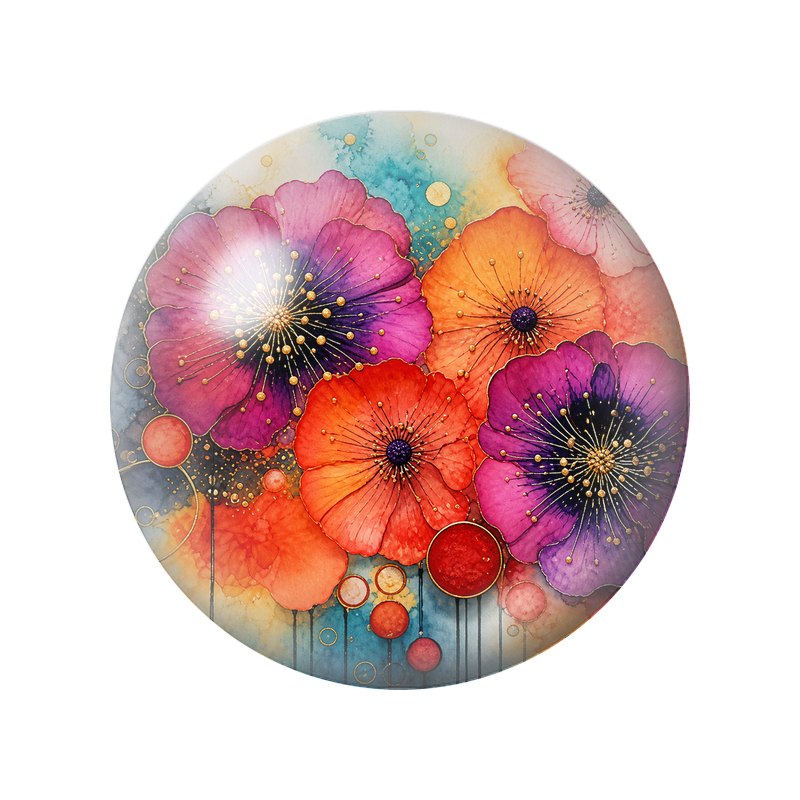 Cabochon en Verre Illustré Fleurs Orange et Violettes aux Étamines Dorées 12 à 25mm