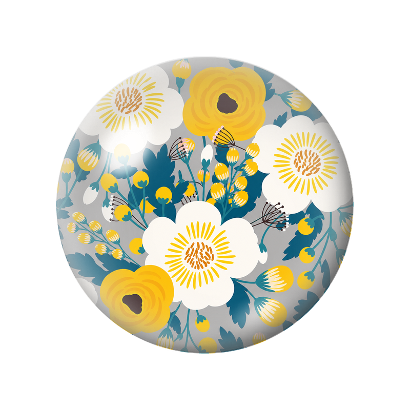 Cabochon en Verre Illustré Fleurs Blanches et Jaunes au Feuillage Bleu 12 à 25mm