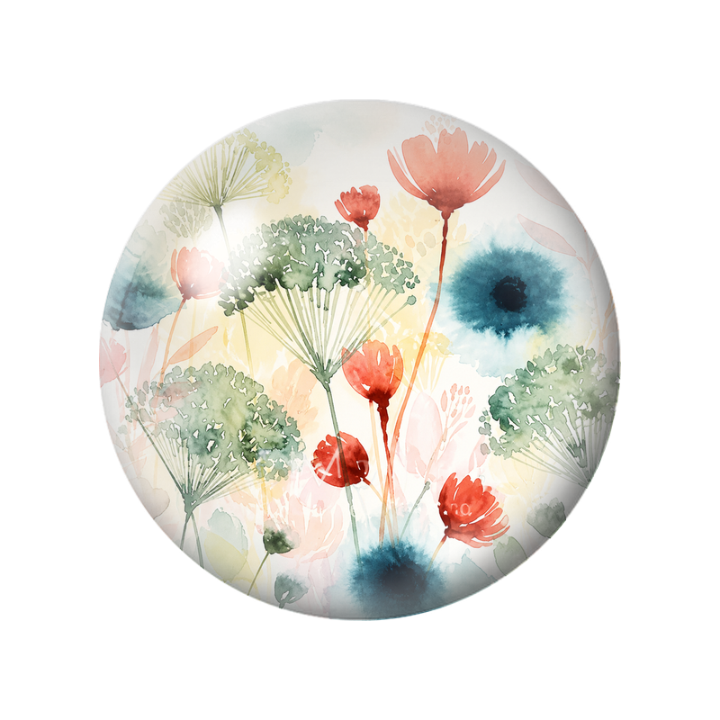 Cabochon en Verre Illustré Fleurs Sauvages Corail et Bleu Pétrole 12 à 25mm