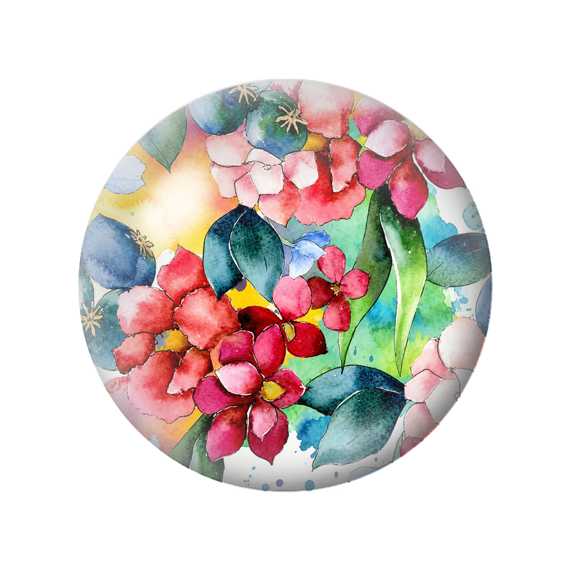 Cabochon en Verre Illustré Fleurs Roses et Rouges au Feuillage Bleu 12 à 25mm