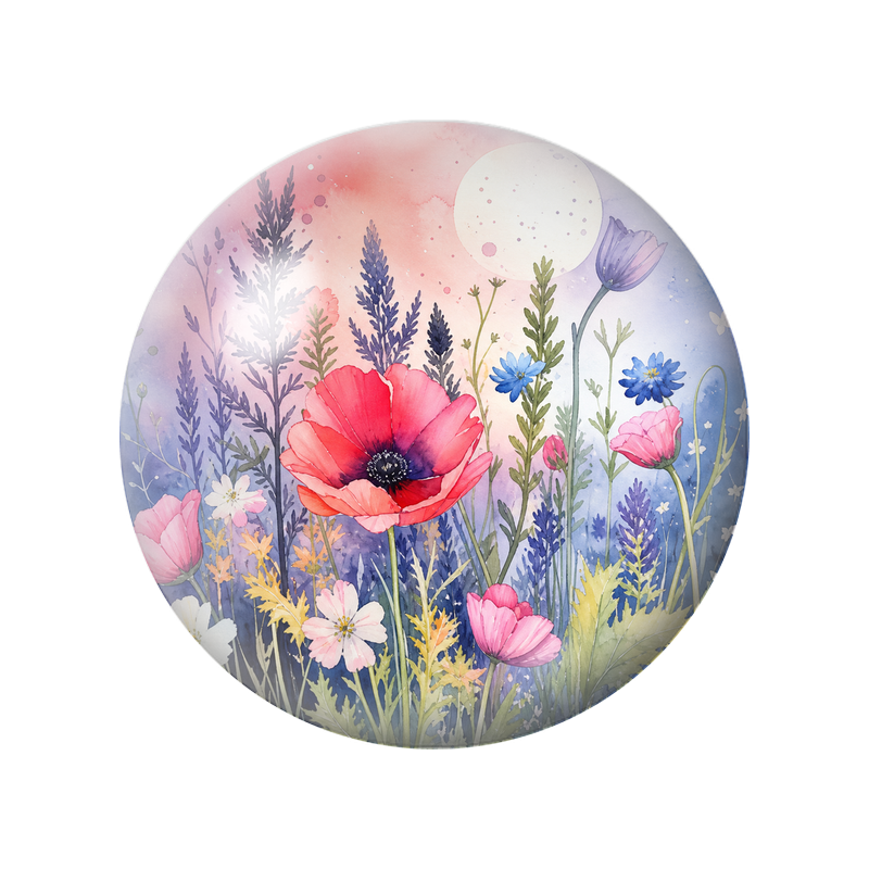 Cabochon en Verre Illustré Coquelicots au Clair de Lune Rose et Bleu 12 à 25mm