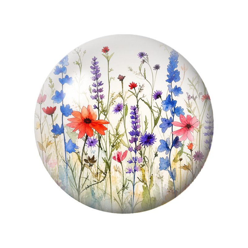 Cabochon en Verre Illustré Prairie de Fleurs Bleues Violettes et Corail 12 à 25mm