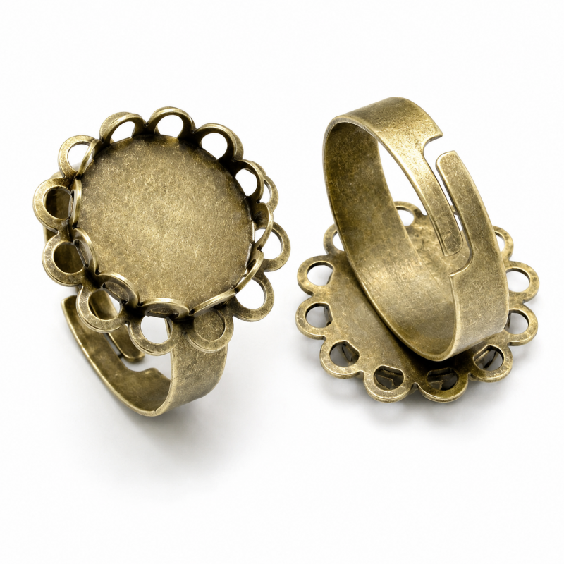 2 Supports Bagues Ajustables Fleurs Bronze pour Cabochon 12mm