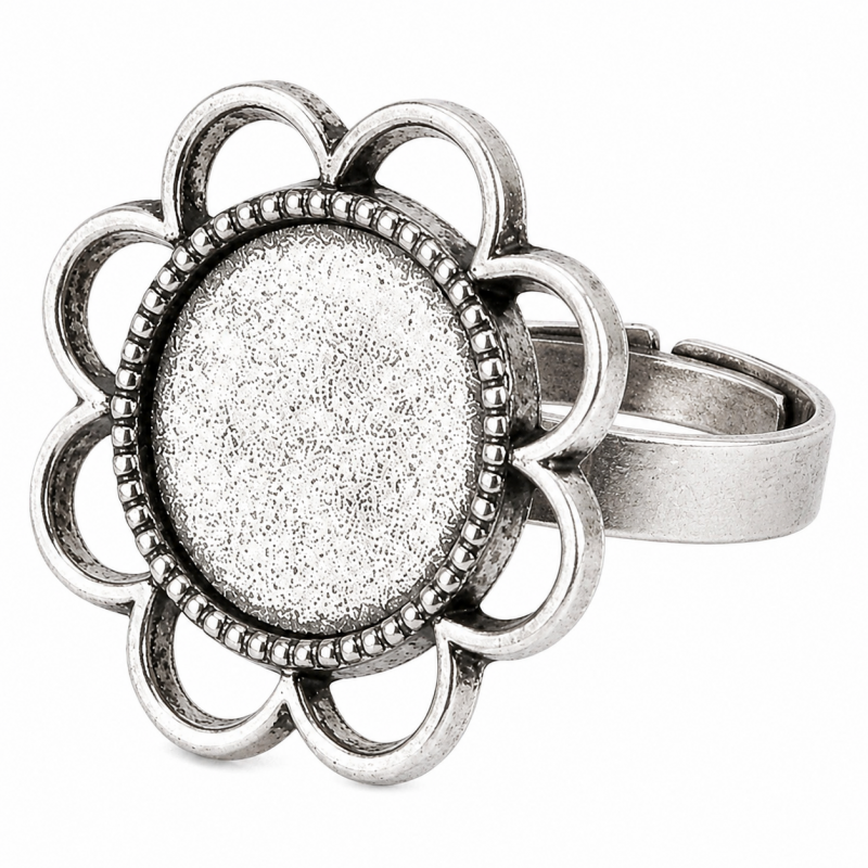 2 Supports Bagues Ajustables Fleurs Argentés pour Cabochon 14mm