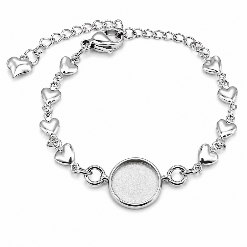 Support Bracelet Cœurs Argenté en Acier Inoxydable pour Cabochon 12mm