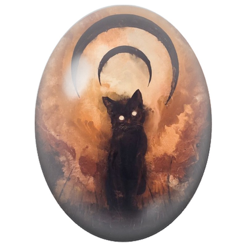 Cabochon en Verre Illustré Chat Noir sous les Croissants de Lune 13x18, 18x25 ou 30x40mm