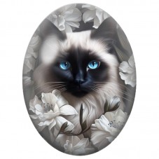 Cabochon en Verre Illustré Chat Siamois aux Fleurs Blanches 13x18, 18x25 ou 30x40mm pour la Création de Bijoux Fantaisie - DIY