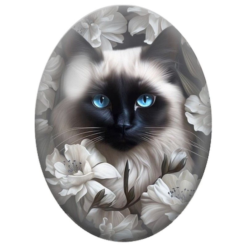 Cabochon en Verre Illustré Chat Siamois aux Fleurs Blanches 13x18, 18x25 ou 30x40mm