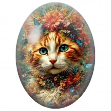 Cabochon en Verre Illustré Chat Roux Couronné de Fleurs et Papillons 13x18, 18x25 ou 30x40mm pour la Création de Bijoux Fantaisi