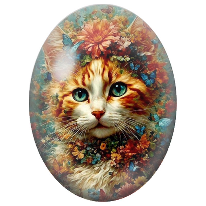 Cabochon en Verre Illustré Chat Roux Couronné de Fleurs et Papillons 13x18, 18x25 ou 30x40mm