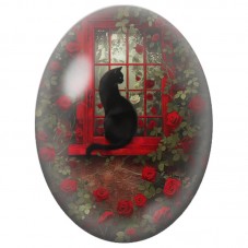 Cabochon en Verre Illustré Chat Noir à la Fenêtre aux Roses Rouges 13x18, 18x25 ou 30x40mm pour la Création de Bijoux Fantaisie 