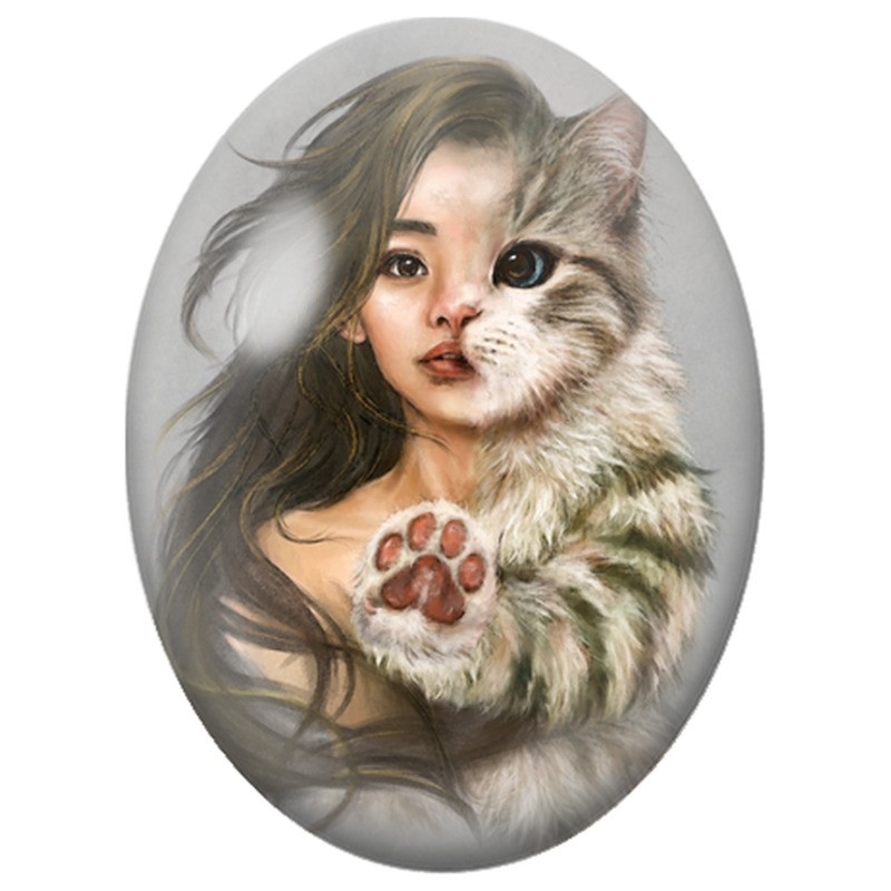 Cabochon en Verre Illustré Femme et Chat au Visage Entrelacé 13x18, 18x25 ou 30x40mm