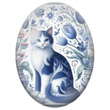 Cabochon en Verre Illustré Chat Bleu et Blanc au Jardin de Tulipes 13x18, 18x25 ou 30x40mm pour la Création de Bijoux Fantaisie 