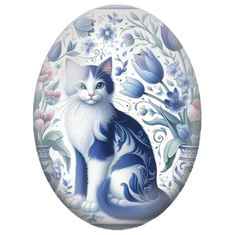 Cabochon en Verre Illustré Chat Bleu et Blanc au Jardin de Tulipes 13x18, 18x25 ou 30x40mm